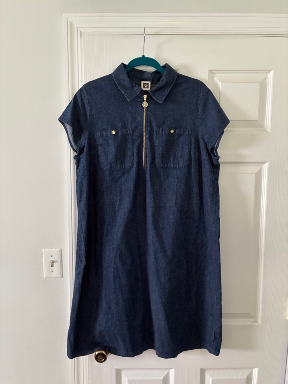Anne Klein Navy Blue Short-Sleeve Zip-Front Shirt Dress